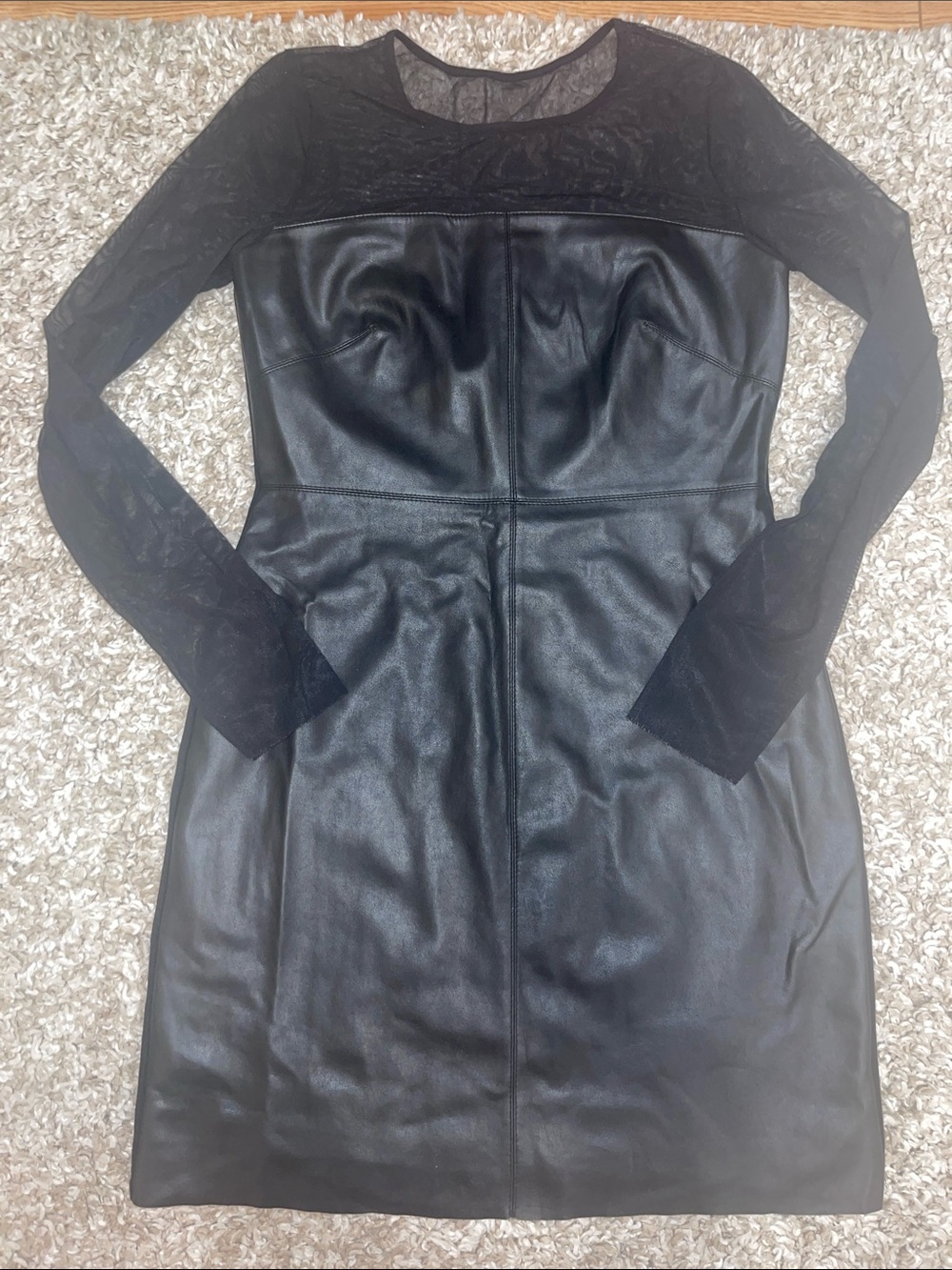 Bailey 44 Black & Faux Leather Dress with Long Mesh Sleeve